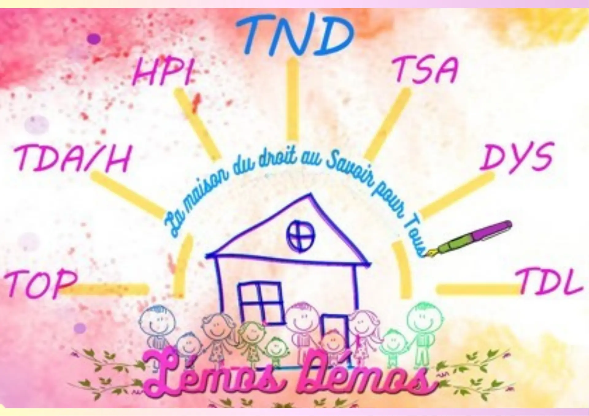 Illustration Lémos Démos : ensemble redonnons le sourire aux enfants, adolescents, adultes et à leurs familles (TND, HPI, TSA, TDA/H, DYS, TOP, TDL).